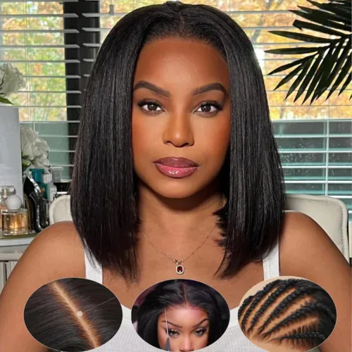 Miniatura 28 de KLAIYI Peluca de cabello humano con encaje frontal precortada 7x5, corte Bob en capas, corte romo, cordón sin pegamento, peluca predepilada