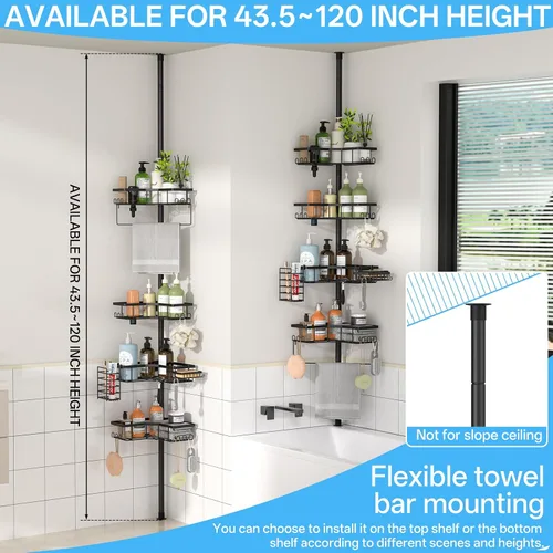 Miniatura 5 de DTUQYX Barra de tensión de esquina para regadera, estante organizador de baño ajustable de 43.5 a 120 pulgadas, estante de almacenamiento para baño
