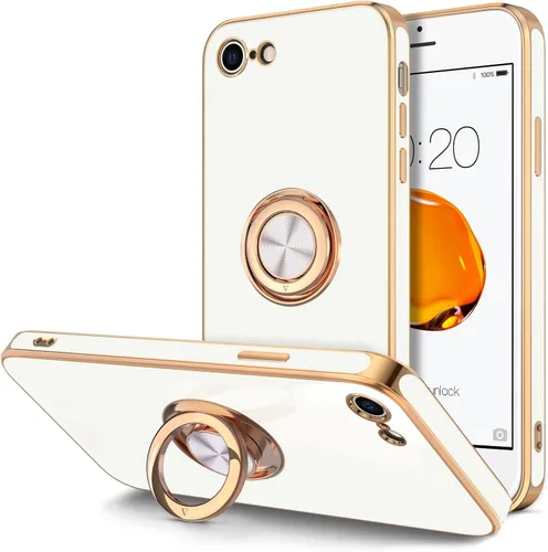 Miniatura 12 de Hython Funda para iPhone SE 2022, iPhone SE 2020, iPhone 7, iPhone 8 con soporte de anillo soporte magnético, chapado en oro rosa, TPU suave, Negro