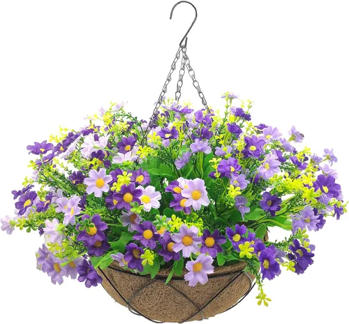 – Flores colgantes artificiales con cesta, flores de margaritas falsas en cestas colgantes forradas de coco de 12 pulgadas para la decoración de