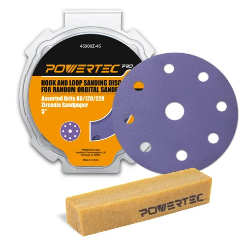 Miniatura 14 de POWERTEC PRO 45900C-45 - Disco de lijado surtido de 9 agujeros de 5 pulgadas, grano 80/120/220, discos de respaldo de gancho y bucle de cerámica