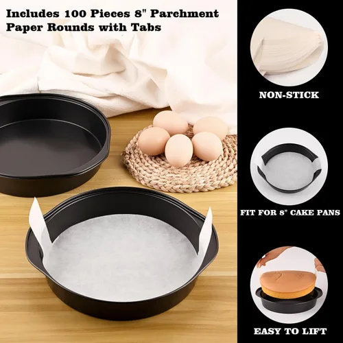 Miniatura 5 de HUAKENER Moldes para Pasteles de 8 Pulgadas - Juego de 3 Moldes Redondos para Pasteles con 100 Piezas de Papel Pergamino, Moldes Antiadherentes