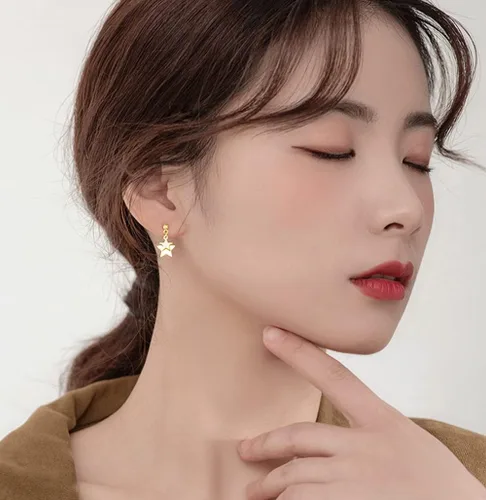 Miniatura 2 de Reffeer Aretes de tuerca de plata de ley 925 maciza con doble estrella para mujer, aretes de estrella pequeña
