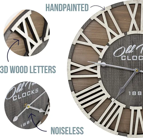 Miniatura 2 de Reloj de pared rústico de madera romana de 30 pulgadas, manecillas plateadas (letras de madera blanca, 30 pulgadas)
