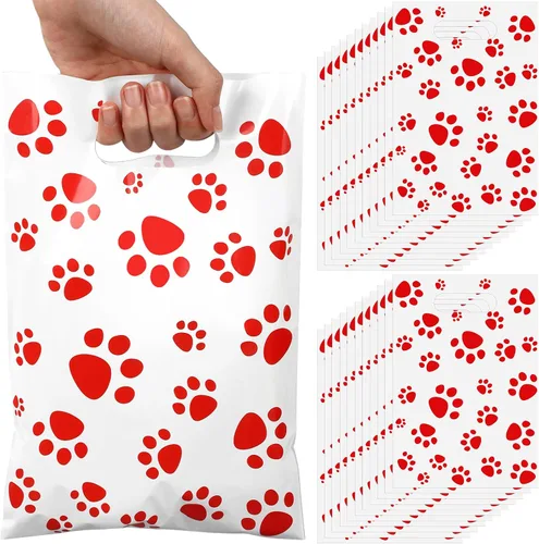 Miniatura 21 de Pasimy 100 bolsas de regalo de pata de perro a granel, diseño de pata de mascota, bolsas de plástico con asa para decoración de fiesta de cumpleaños