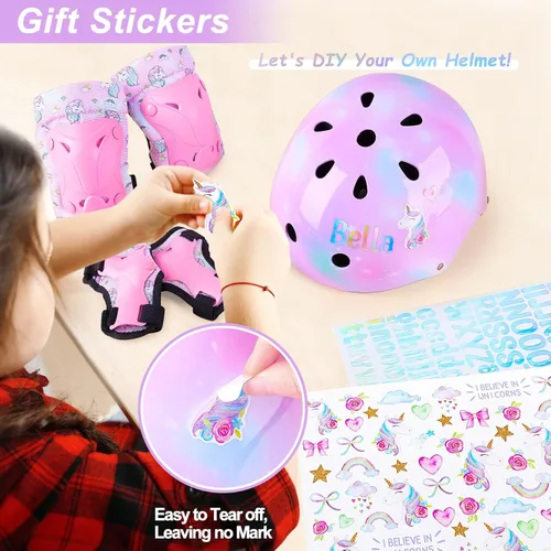 Miniatura 3 de Casco para niños, casco de bicicleta para niños pequeños con pegatinas DIY Unicornio, rodilleras y coderas ajustables, juego de protección para Rosa
