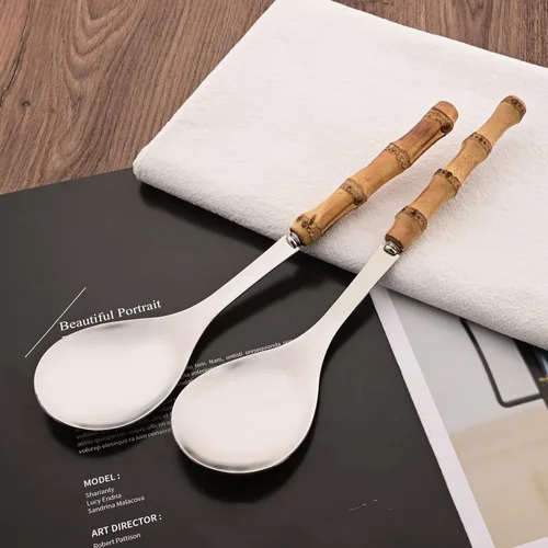 Miniatura 3 de Juego de 2 cucharas de servir de acero inoxidable de 10.0 pulgadas con mango de bambú natural, grandes utensilios plateados para servir, cucharón