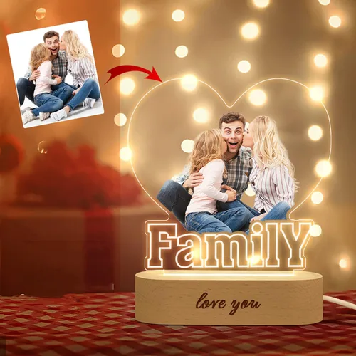 Luz nocturna de acrílico con foto personalizada y nombre, regalo para el día de la madre, lámpara de noche 3D con base de madera personalizada con