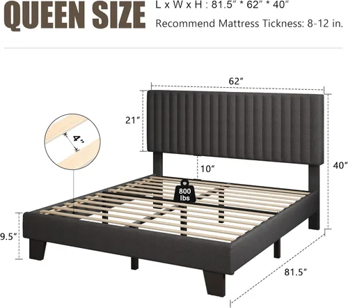 Miniatura 2 de Einhomn Base de cama tamaño Queen con cabecero, base de cama tapizada de lino con listones de madera maciza, sin ruido, no necesita somier, fácil