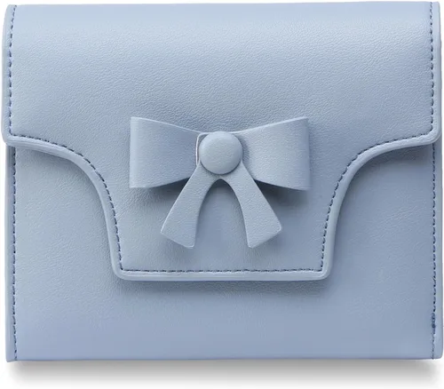 Miniatura 9 de yiijay Cartera pequeña para mujer, lindo lazo con bloqueo RFID, plegable, de cuero, tarjetero, compacto, con bolsillo con cremallera