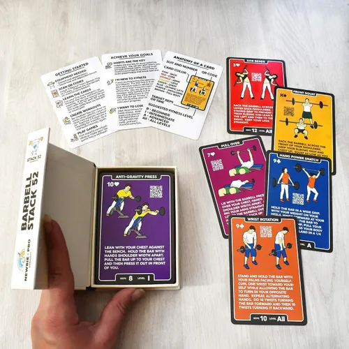 Miniatura 2 de Stack 52 Tarjetas de ejercicio con barra. Juego de cartas de levantamiento de pesas. Instrucciones en video incluidas. Culturismo, entrenamiento
