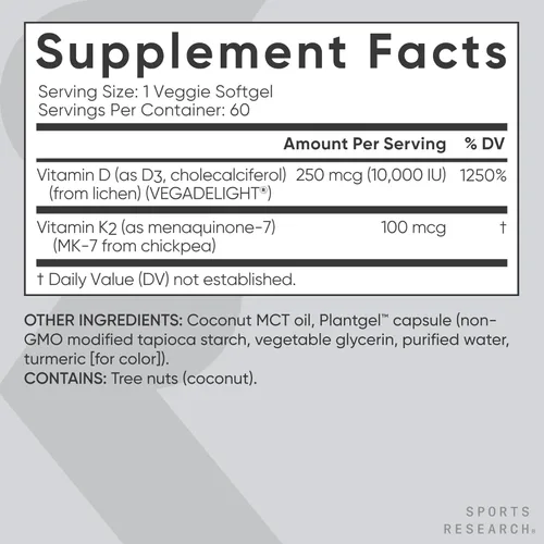 Miniatura 5 de Sports Research® Vitamina D3 + K2 con aceite de coco, vitamina D vegana de 10,000iu y vitamina K Mk7 de 100 mcg para apoyo óseo e inmunológico