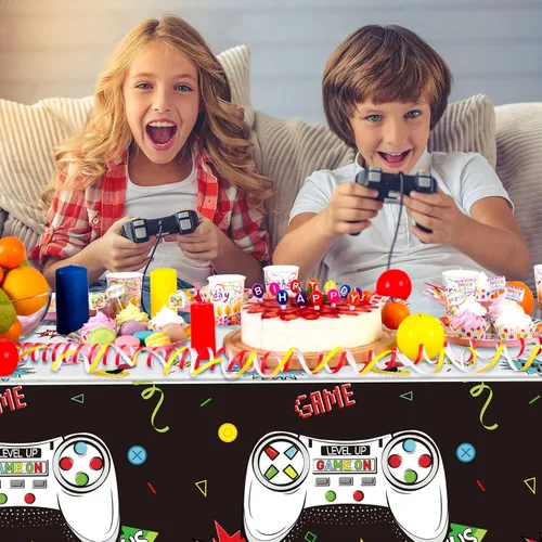 Miniatura 7 de Tatuo 3 piezas de manteles de mesa de videojuegos, decoración de cumpleaños con tema de juegos, mantel de plástico, suministros de fiesta para niños