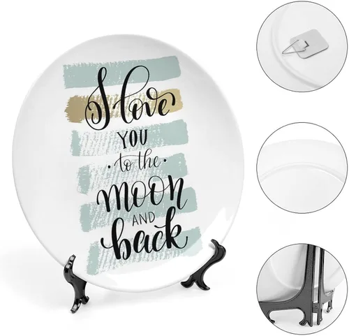Miniatura 4 de XISUNYA Plato decorativo de 6 pulgadas, plato de cena con texto en inglés "I Love You to the Moon and Back", accesorio de decoración de cerámica
