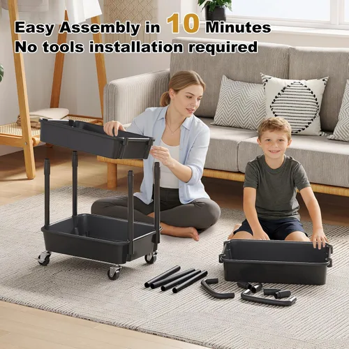 Miniatura 4 de Carrito rodante de 3 niveles con ruedas, carrito organizador de estantes de plástico negro de tres niveles con ruedas con cerradura, pequeño carrito