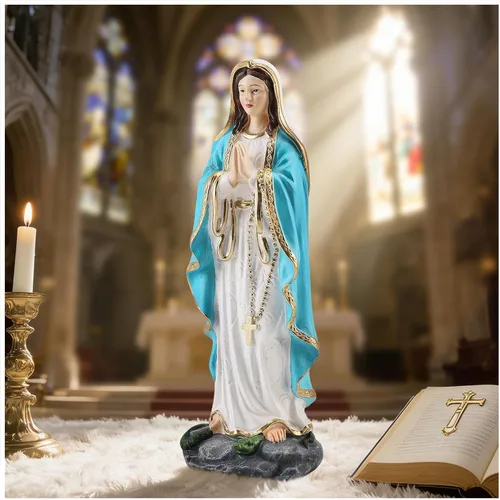 Estatua de la Virgen María rezando con rosario – Estatua católica de resina de Nuestra Señora de Lourdes, figura de la Virgen María para sala de