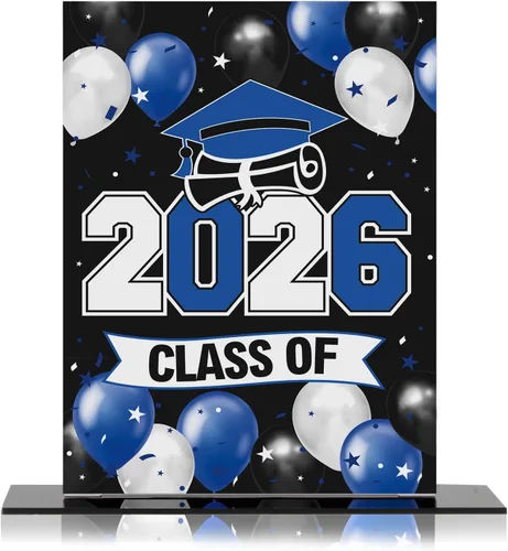 LINGTEER Class of 2026 - Soporte de mesa acrílico con globos azules de graduación para póster, paquete de 2 decoraciones de fiesta de felicitaciones
