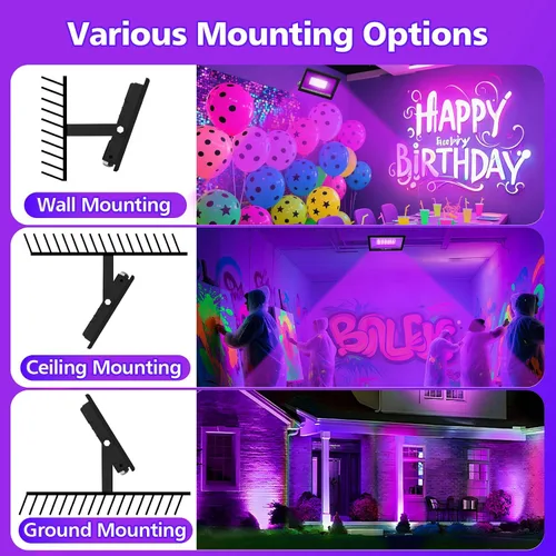 Miniatura 4 de T-SUN Luces LED negras de 60 W, luces de inundación de luz negra con enchufe, luz negra impermeable IP66 para fiesta brillante, decoraciones