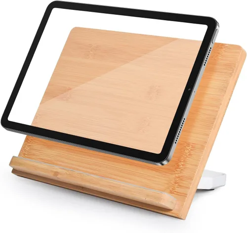 wishacc Soporte de bambú para tablet de escritorio, soporte grande de madera de 11 x 8.2 pulgadas con ángulos ajustables, soporte de madera grueso