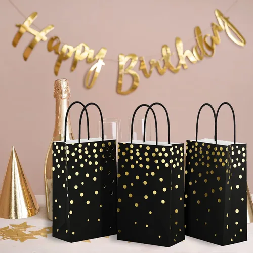 Miniatura 7 de ECOHOLA Bolsas de regalo de papel de aluminio negro y dorado con asas negras, 25 piezas de lunares metálicos dorados para regalos, minoristas