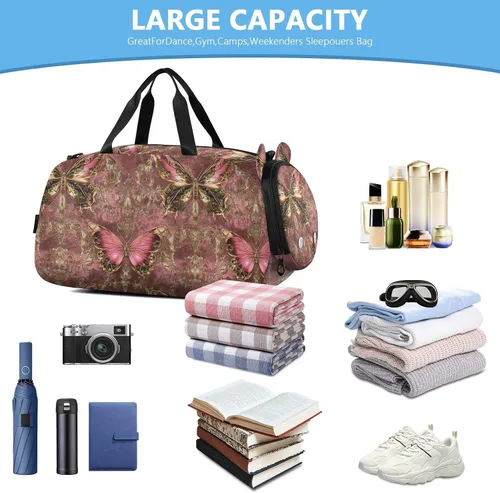 Miniatura 5 de Peach Gold Vintage Butterfly Gym Duffel Bag with Shoes Compartment Lightweight Kids Overnight Bag for Beach Swim Pool Sports bolso para gym mujer
