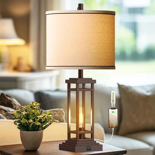 Miniatura 8 de ROTTOGOON Lámpara de mesa de granja de 27.5 pulgadas de altura con puertos de carga USB C + USB A, lámpara rústica para sala de estar, lámpara