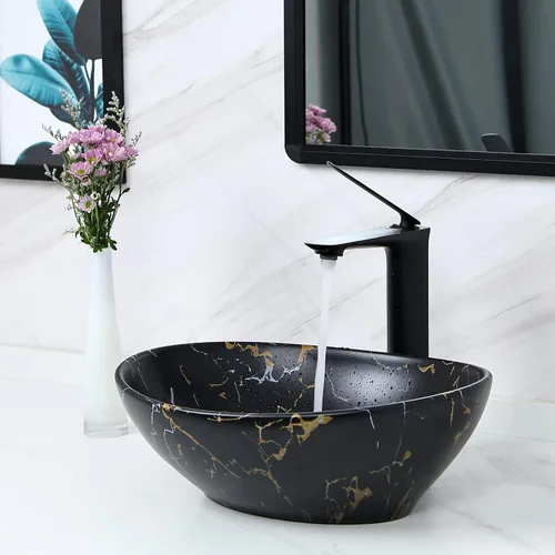 Miniatura 6 de Davivy Fregadero ovalado negro mate de 16 x 13.2 pulgadas con drenaje desplegable, fregaderos de baño, lavabos de baño sobre encimera, fregadero