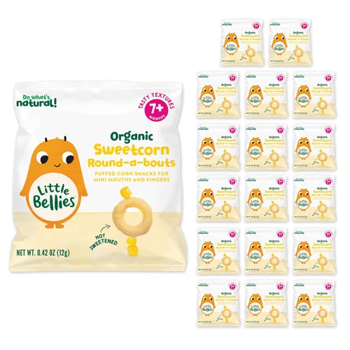 Little Bellies Bocadillo orgánico Round-a-bouts para bebé, maíz dulce, paquete de 18 (paquete de 18 paquetes individuales de 0.42 onzas)