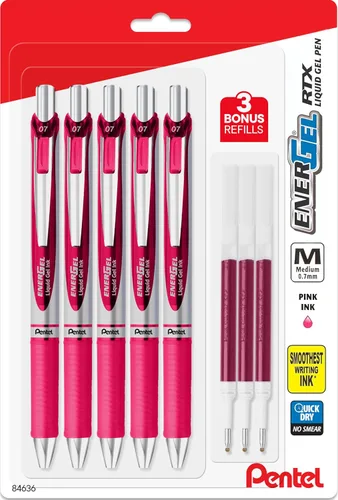 Pentel Energel - Bolígrafos de tinta de gel líquido de 0.028 in, tinta rosa, paquete de 5 bolígrafos RTX de lujo con 3 recambios rosados