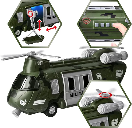 Miniatura 2 de JOYIN Vehículos militares Juego de juguete de helicóptero de transporte alimentado por fricción con sirena de luz y sonido, y figuras de acción