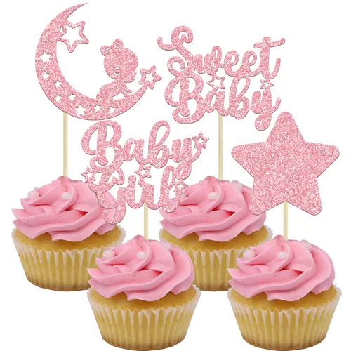 Miniatura 20 de Gyufise 24 piezas de adornos azules para cupcakes para bebé, con purpurina azul, estrellas, luna, dulce baby shower, niño, cupcakes para baby