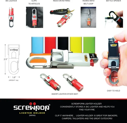 Miniatura 2 de Screwpop Bic - Llavero estándar para encendedor de tamaño completo, multiherramienta con mosquetón y abridor de botellas, construcción de acero
