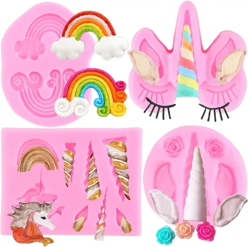 ZiXiang - Moldes de silicona con diseño de unicornios, orejas de cuerno, rosa, flor, arco iris, fondant, para decoración de pasteles, decoración de