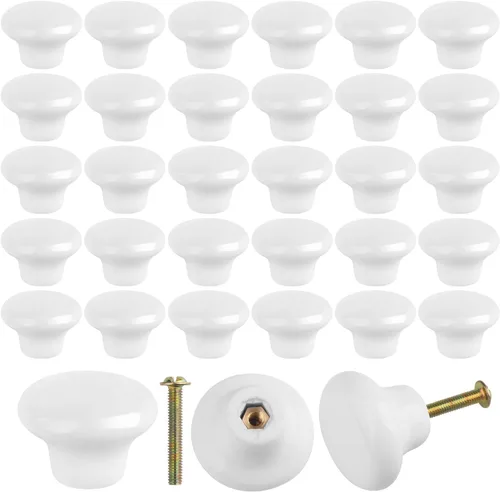 Paquete de 40 pomos de cerámica blanca para gabinete, pomos de cerámica brillante, manijas de cajón, pomos de armario para cocina, oficina, baño,