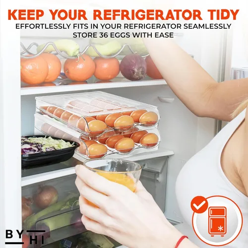 Miniatura 6 de Soporte para 36 huevos para refrigerador, organizador automático de huevos de 2 niveles para ahorrar espacio y almacenamiento fresco, sin BPA