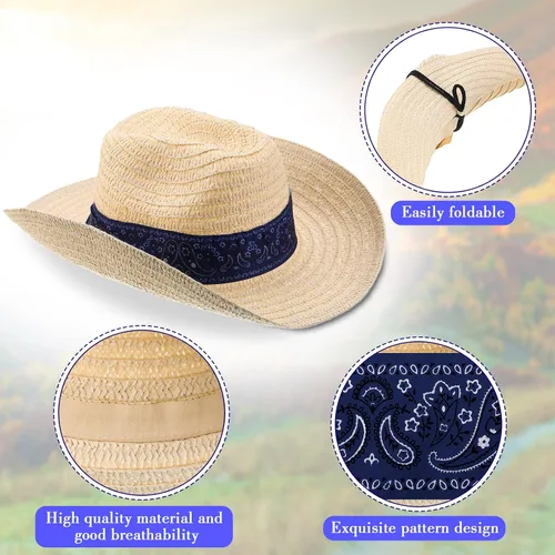 Miniatura 3 de Leumoi 12 sombreros de vaquero occidental con bandana roja, sombrero clásico de paja de vaquero para vaquero, roeo, fiesta temática, cosplay