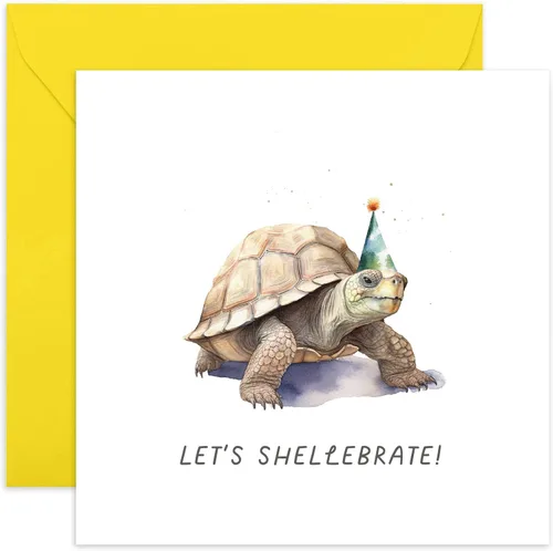Old English Co. - Tarjeta divertida para amigos y familiares – Tarjeta de cumpleaños con texto en inglés «Let's Shellebrate» de tortuga Whitty