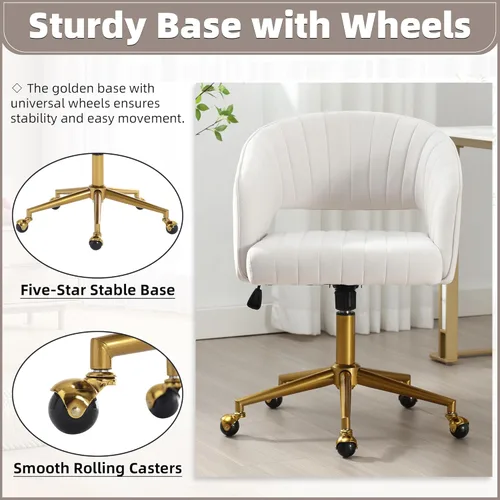 Miniatura 7 de ABET Silla de escritorio con ruedas, silla de terciopelo para oficina en casa, sillón giratorio con base dorada, sillas decorativas modernas Crema