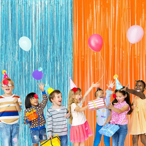 Miniatura 3 de Paquete de 2 cortinas de flecos metálicos de aluminio azul y naranja para decoraciones de fiesta, cortina de fondo azul y naranja para fiesta