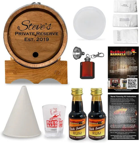 Miniatura 10 de Red Head Barrels - Barril de envejecimiento de roble blanco americano grabado personalizado de 2 litros con juego de regalo saborizante, vaso de Ron