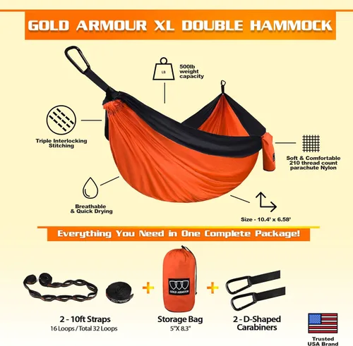 Miniatura 2 de Gold Armour Hamaca de camping – Hamaca doble XL, hamaca portátil, accesorios de camping, equipo para exteriores e interiores con correas de árbol