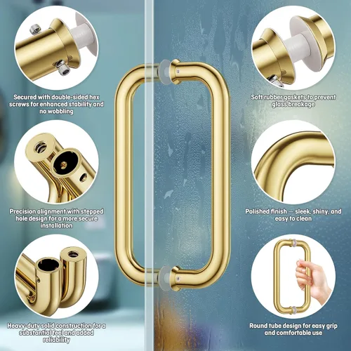 Miniatura 3 de Ranbo Manija tubular de puerta de ducha de 8 pulgadas (CTC) de oro pulido, acero inoxidable 304 de 1/4 a 1/2 pulgadas de grosor y puertas de madera