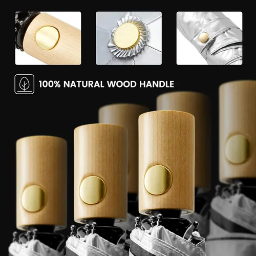 Miniatura 9 de G4Free Paraguas de viaje con protección UV UPF 50+ con mango de madera, 42 pulgadas, ligero, para sol, lluvia, plegable, cierre automático