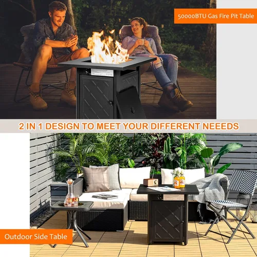 Miniatura 8 de COSTWAY Mesa para fogata de propano al aire libre de 28 pulgadas, mesa de gas para patio de 50,000 BTU, mesa cuadrada 2 en 1 con tapa y rocas
