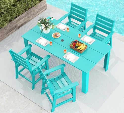 Miniatura 21 de GREENVINES Juego de comedor al aire libre de 7 piezas Juegos de mesa y sillas de plástico HDPE de 67 pulgadas para 6 Muebles de patio Todo