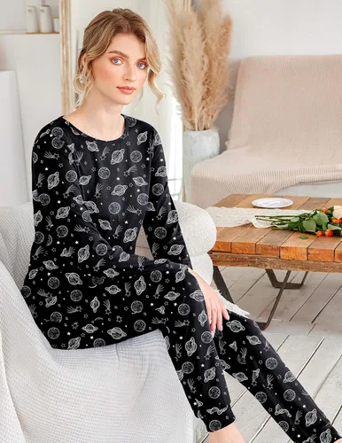 Miniatura 14 de Ekouaer Conjunto de pijama de manga larga para mujer, ropa de dormir suave con cuello redondo y bolsillos