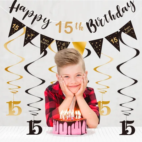 Miniatura 4 de BRT Bearingshui Kit de decoración de cumpleaños número 15 para niños y niñas, pancarta de feliz cumpleaños 15, serpentinas de remolinos, pancarta