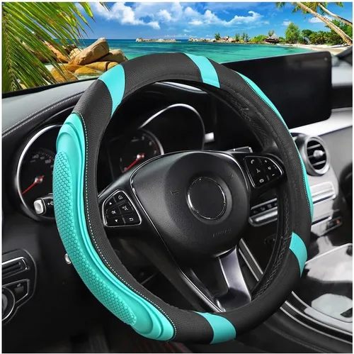 Miniatura 13 de Osilly Funda de cuero para volante de automóvil de 15 pulgadas, accesorios automotrices elástica, transpirable, antideslizante, protector de volante