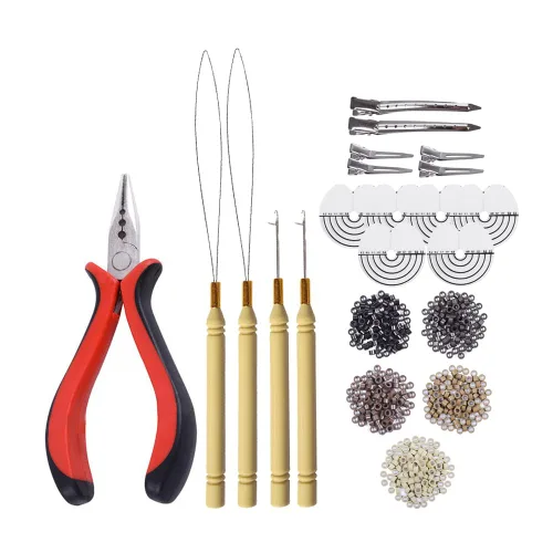 Miniatura 16 de Kit de herramientas de 200 piezas de extensiones de cabello de microanillos de silicona: alicates de pelo de tres agujeros, aguja de gancho de micro