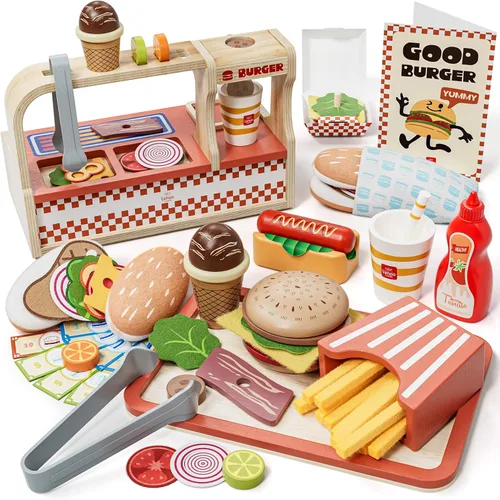 Lehoo Castle - Juego de alimentos de madera para juegos de simulación, tienda de mostrador de hamburguesas, alimentos de juguete para niños